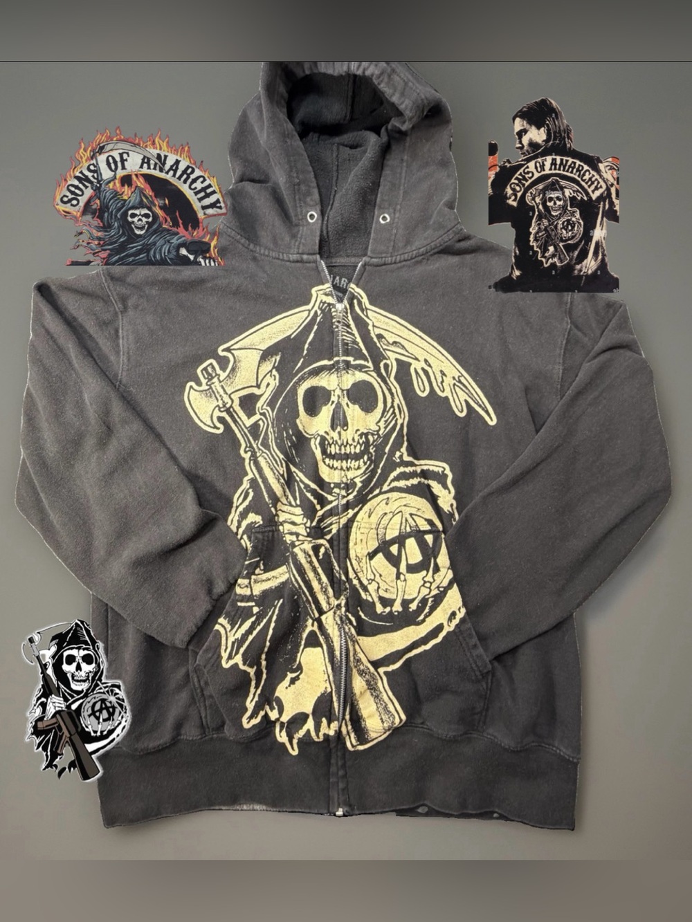 Sons Of Anarchy Zip Hoodie Mens L Black Gold Reaper Prospect SOA 22x24 2012